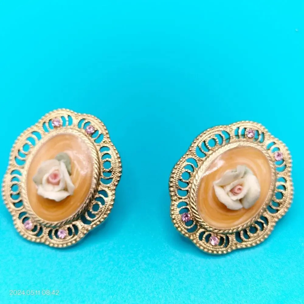 Unbranded Filigree Pink Rhinestones Gold Rose Floral Center Oval Post Earrings